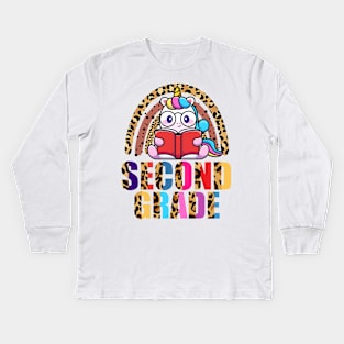 Second Grade Rainbow Leopard Funny Unicorn Teacher Student School Kids Long Sleeve T-Shirt